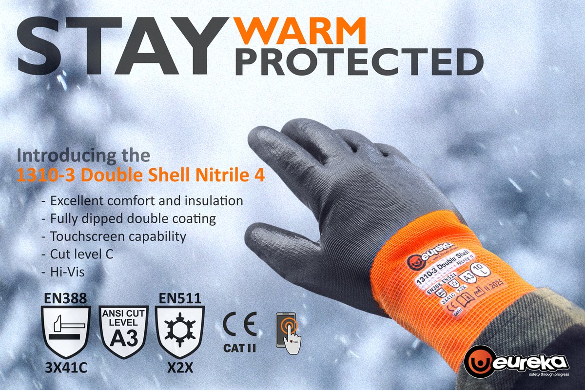 EurosafeLimited's tweet photo. Cold days. Reliable hand protection.
The Eureka Safety 1310-3 Double Shell Nitrile 4 combines a warm terry lining, double coating, hi-vis yarn, cut level C protection and touchscreen capability.
@EurekaSafety is a Eurosafe supply partner.
#WinterSafety #HandProtection https://t.co/xKO62AzPzW