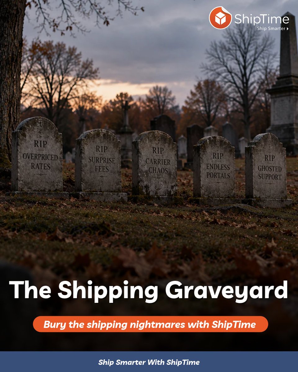 ShipTime's tweet photo. Welcome to the Shipping Graveyard! 🪦📦
💀 Overpriced rates
👻 Ghosted by support
🧟 Surprise fees
🕸️ Endless carrier portals

Don't let shipping haunt your business! Bury the nightmares and Ship Smarter with ShipTime 🧡

#shippingstrategy #logistics #ecommerce https://t.co/T76FrSkNqQ
