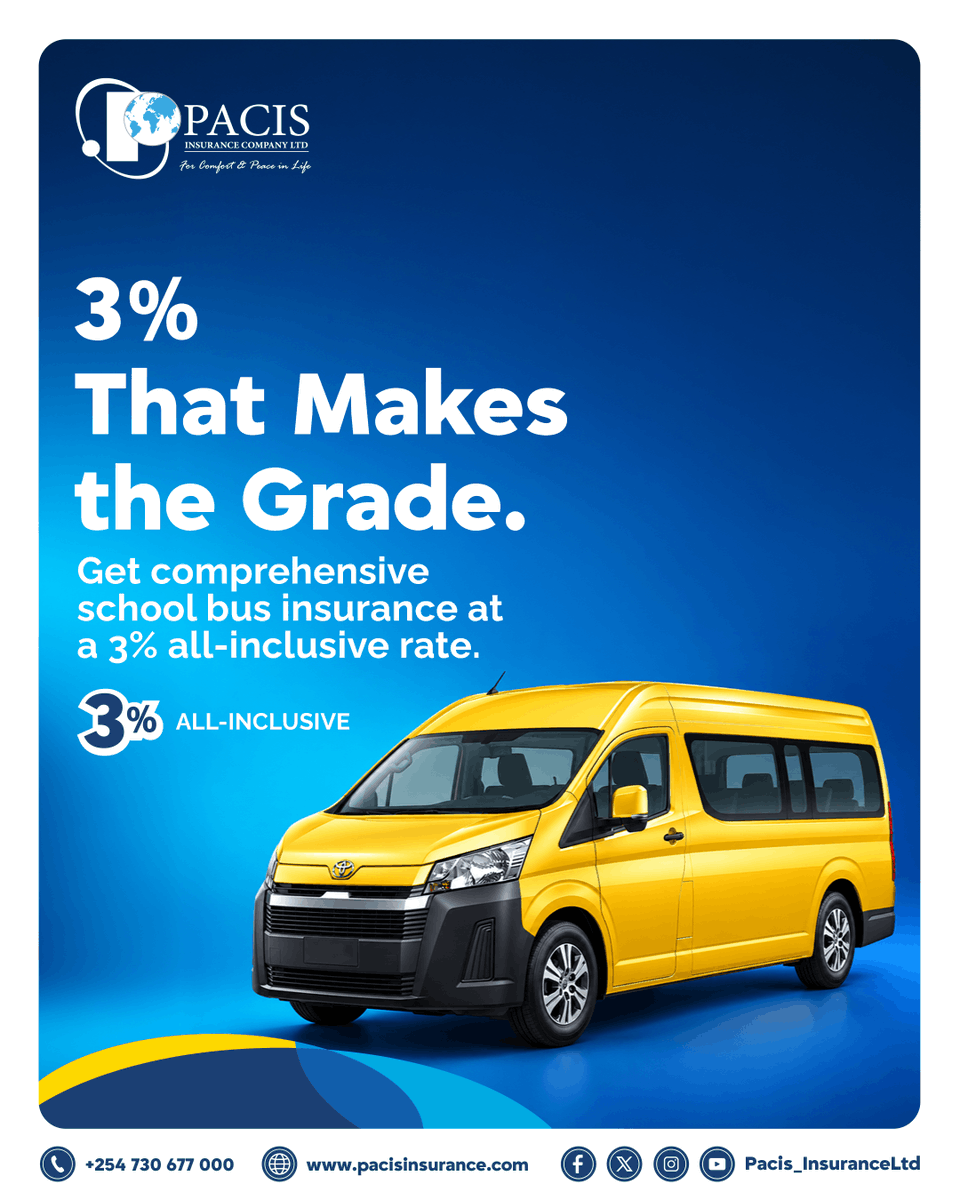 PacisInsurance's tweet photo. Your school bus deserves cover that makes the grade.
Get Pacis Comprehensive School Bus Insurance at 3% all-inclusive, with Excess Protector &amp; Political Violence and Terrorism cover.

Request a quote today: Min. premium: KSh 35,000. 
T&amp;Cs apply.

#pacisinsurance #schoolinsurance https://t.co/U6uEHMOJSD