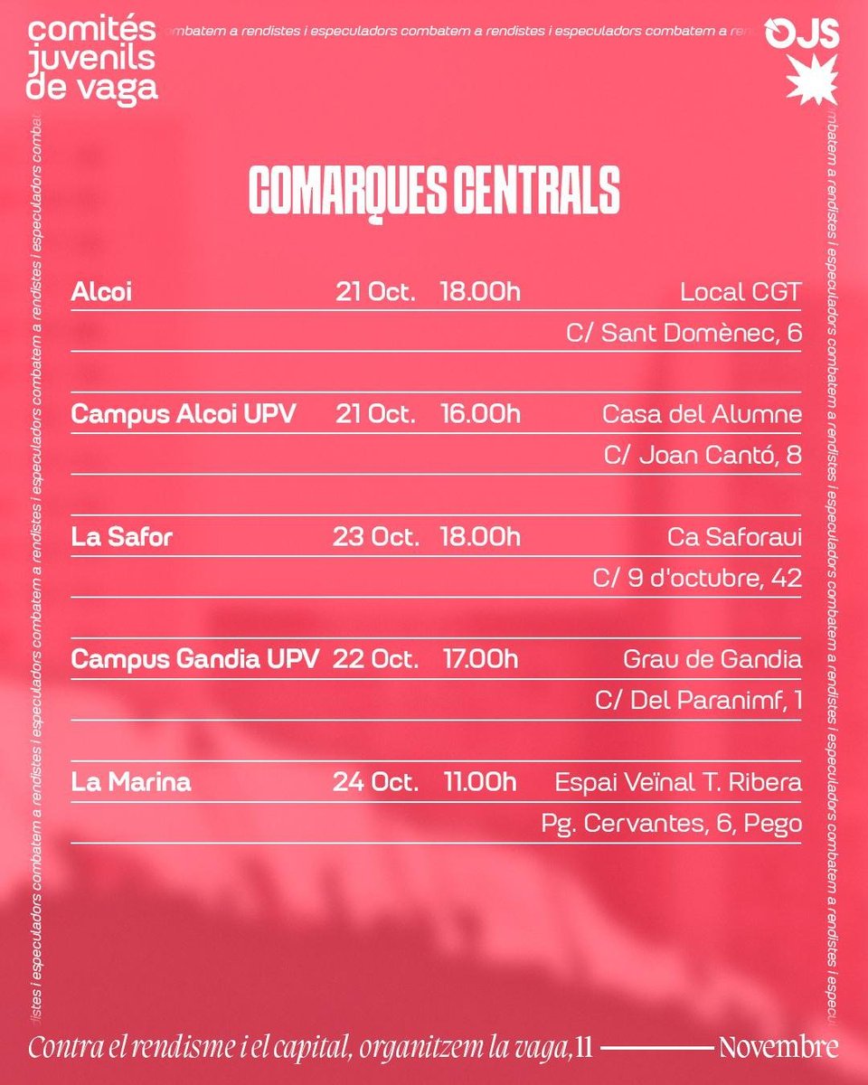 OJS_ccentrals's tweet photo. 🔴 NOVES DATES:Comités Juvenils de Vaga 🔴
Degut a la catàstrofe meteorològica viscuda a les comarques de la Safor i la Marina, les presentacions dels Comités Juvenils de Vaga canvien de data.
Suma't al teu comité més proper.
Contra el rendisme i el capital, ORGANITZEM LA VAGA 🚩 https://t.co/kIazRfBozl
