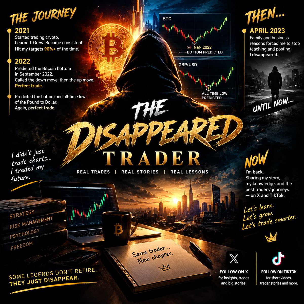 ThedisappearedT's tweet photo. In 2021, I started trading crypto. I learned, studied the charts, and shared my knowledge with the world. I called major turning points, including Bitcoin’s September 2022 bottom and the historic low of GBP/USD. https://t.co/Usd3zQa5w7