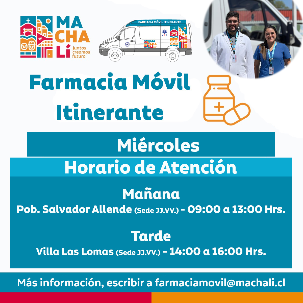 SaludMachali's tweet photo. 🚐¡La Farmacia Móvil Itinerante de Salud #Machalí estará hoy recorriendo tu comuna!

📍 Mañana: Población Salvador Allende, de 09:00 a 13:00 Hrs.
📍 Tarde: Villa Las Lomas, de 14:00 a 16:00 Hrs.

¡Ven por tus medicamentos y recibe atención más cerca de tu hogar! ❤️ https://t.co/F9oQW7XuQG
