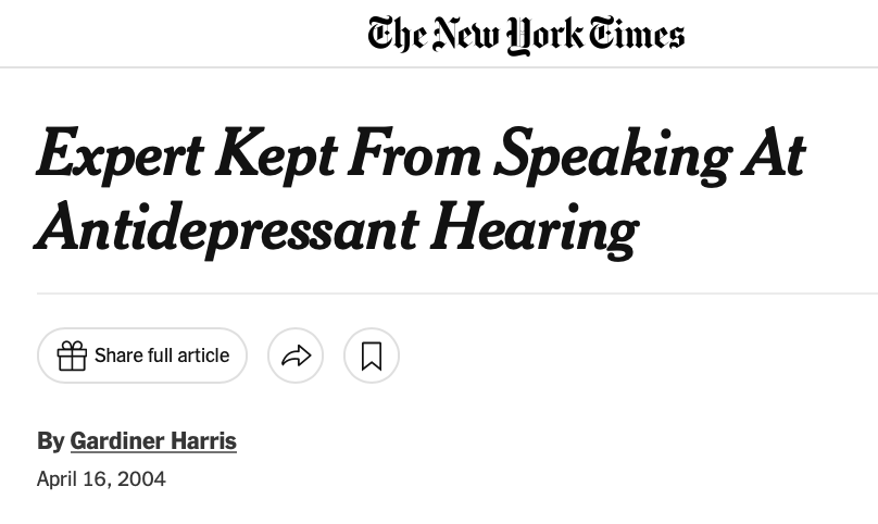 thackerpd's tweet photo. 6/ This is a sharp turnaround for the Times. Decades ago they crusaded for transparency on Vioxx, Avandia, Risperdal, and antidepressant suicide risk in kids—forcing FDA to stop suppressing its own safety officers.
Now they’re protecting the narrative instead of the public. Patient advocates call this out.