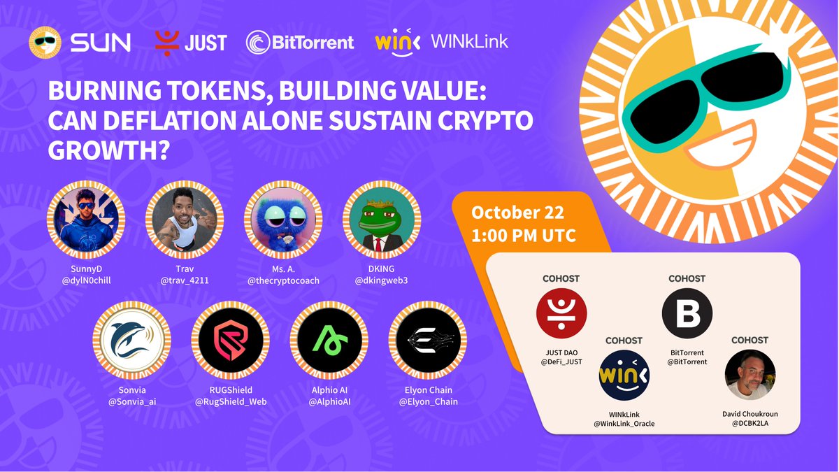 OfficialSUNio's tweet photo. Burning Tokens, Building Value: Can Deflation Alone Sustain Crypto Growth? 🔥

Token burns have become a familiar part of crypto economics. Reducing supply sounds like a straightforward way to strengthen token value. But does scarcity alone make an asset more valuable?

While buybacks and burns can reshape tokenomics, long-term sustainability also depends on what drives people to use, hold, and participate in an ecosystem. Can token burns support sustainable growth without strong utility, adoption, and economic activity behind them?

Join https://t.co/E4QwBX9M8G, @DeFi_JUST, @BitTorrent, and @WinkLink_Oracle as we bring together builders and industry voices to explore the relationship between token supply, real utility, and long-term value creation in crypto.

🗓 Time: October 22, 1:00 PM UTC
📍 Link: https://t.co/9DIKaXL5RS

🎙 Co-hosts: @DeFi_JUST, @BitTorrent, @WinkLink_Oracle, @DCBK2LA
🗣 Guests: @dylN0chill, @trav_4211, @thecryptocoach, @dkingweb3, @Sonvia_ai, @RugShield_Web, @AlphioAI, @Elyon_Chain

Set your reminder below and join the discussion: What matters more for a token’s long-term value—reducing supply or growing real demand? 🔥