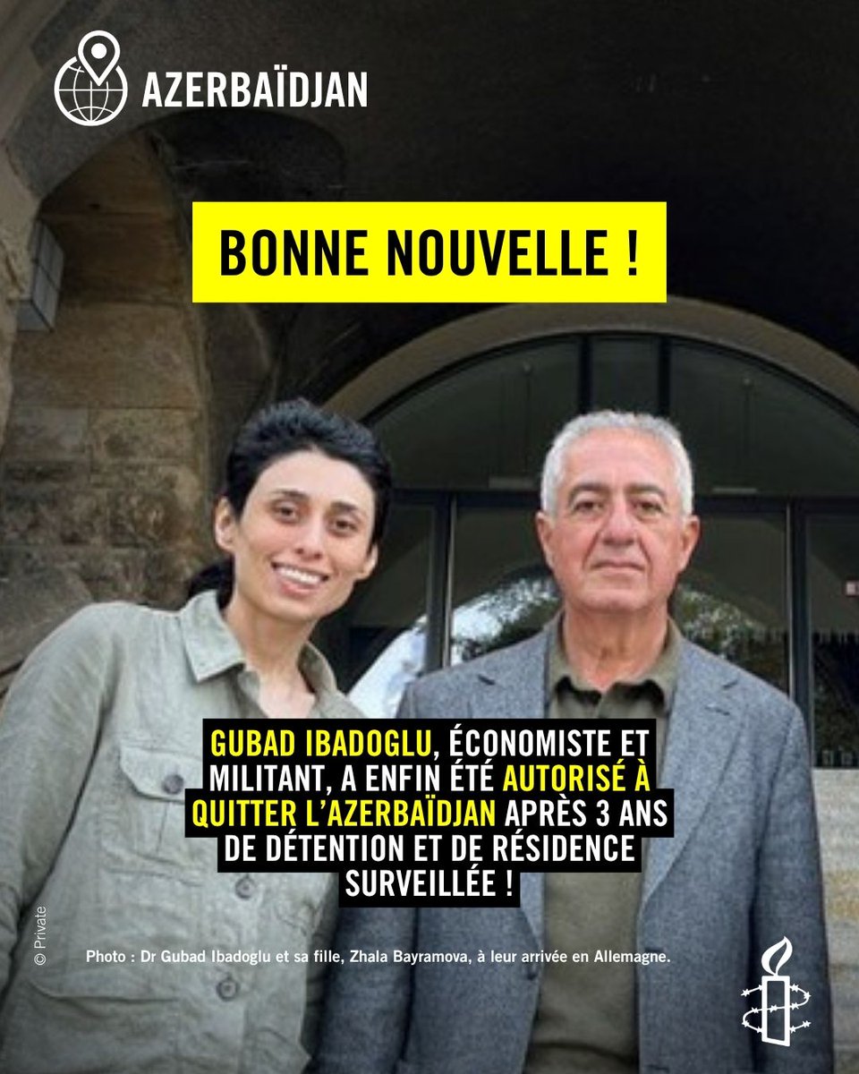 amnestybe's tweet photo. Gubad Ibadoglu a été autorisé à quitter l'Azerbaïdjan, après plus de 3 ans de détention.

L'économiste a atterri en Allemagne pour recevoir les soins qui lui étaient refusés. 

D'autres défenseur·euses restent emprisonné·es.

👉 Agir pour Bahruz Samadov : https://t.co/hiVYaJRKMt https://t.co/mDefwfTi3D