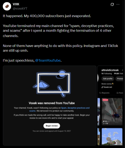 julianfaceless's tweet photo. 4 channels terminated. then the main one went down.

that doesn't usually happen by accident.

most people think a termination is about your videos.

it's usually about your account.

YouTube isn't sitting there rewatching everything you made. it's looking at what's connected to what.

so a channel that broke zero rules can still go down.

once one account gets marked, anything attached to it gets marked too.

not because those channels did anything wrong.

just because they were connected.

the fix:

give every channel its own email, phone number, IP, and browser profile.

nothing shared means nothing to connect.

so if one goes down, it goes down alone.