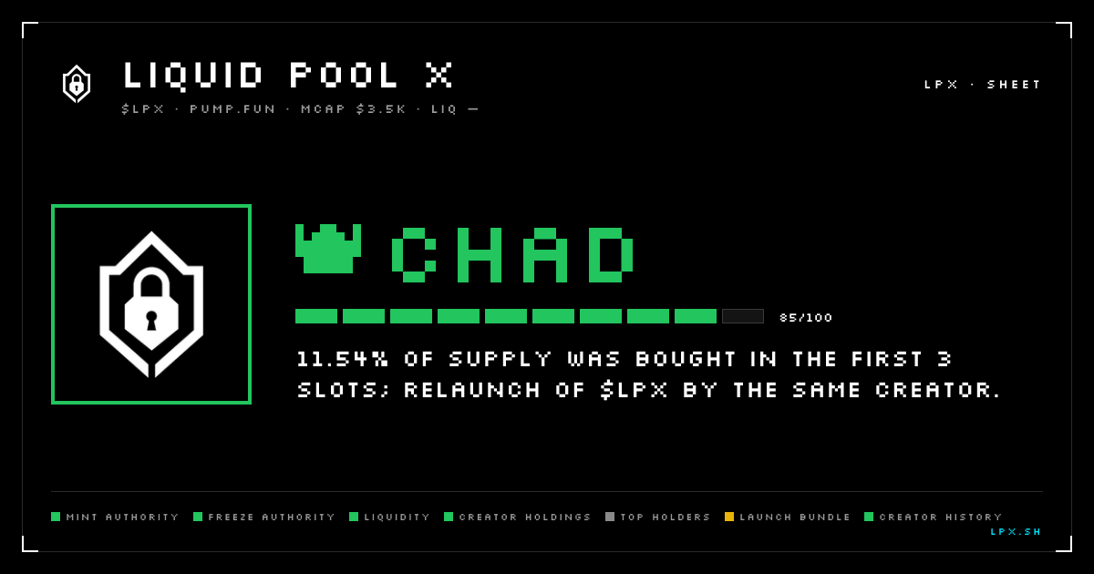 LiquidPoolX's tweet photo. @Steffonbase @crypticwhale1_ @I3adlamaDev @sled_o $LPX · CHAD 85/100 · 2HnG…pump
TL;DR: Yeet range.
• 11.54% bought in the first 3 slots
• Clean record on the last 2 launches
Not financial advice https://t.co/2PAB85wLZ9