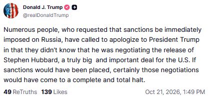 kadmitriev's tweet photo. President Trump on the release of Stephen Hubbard. 👇

Mr. Hubbard is on his way home after a phone call with President Trump organized by Special Envoy Steve Witkoff. 🕊️ https://t.co/SF6uHNtXku