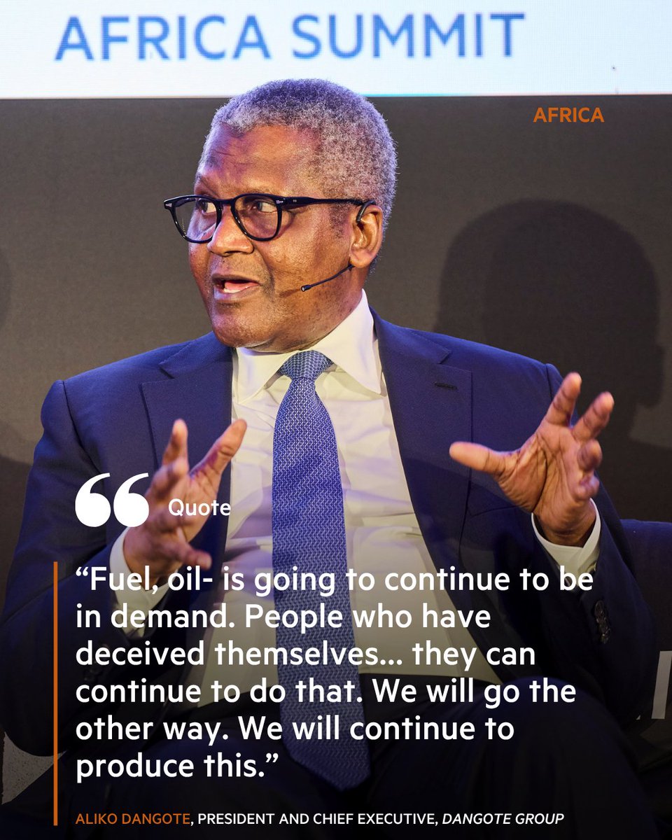 ftlive's tweet photo. At #FTAfrica, @AlikoDangote, President and Chief Executive of @DangoteGroup, discusses why he believes oil and diesel will remain essential to the global economy. https://t.co/JmCoKbYtVR