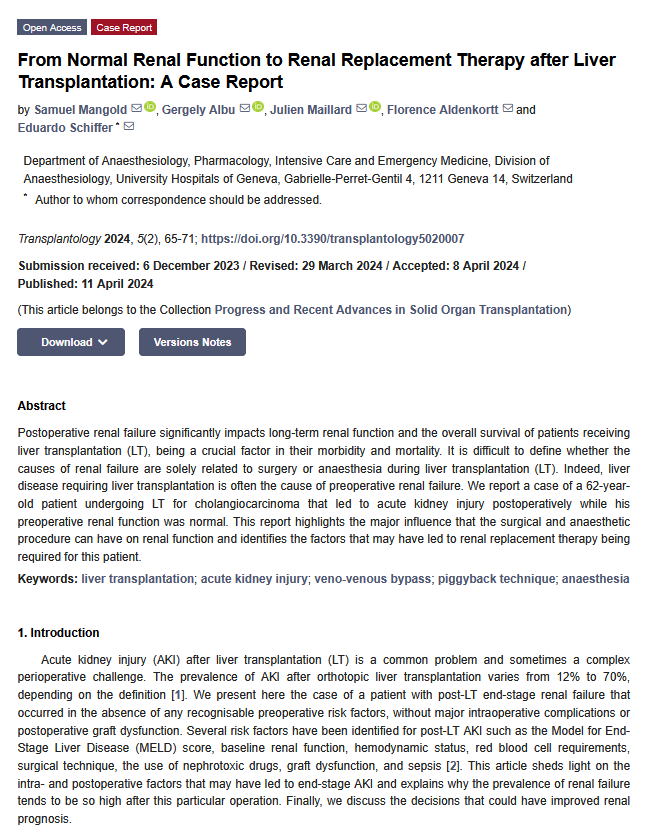 Transplant_MDPI's tweet photo. case report in Transplantology: a liver transplant patient with normal preop renal function developed AKI requiring RRT postoperatively. What role do surgery &amp; anaesthesia play? Read: https://t.co/eGuCMOU0p1 
#LiverTransplant #AKI #RenalFailure
Image by magnific https://t.co/rrAC44obFp