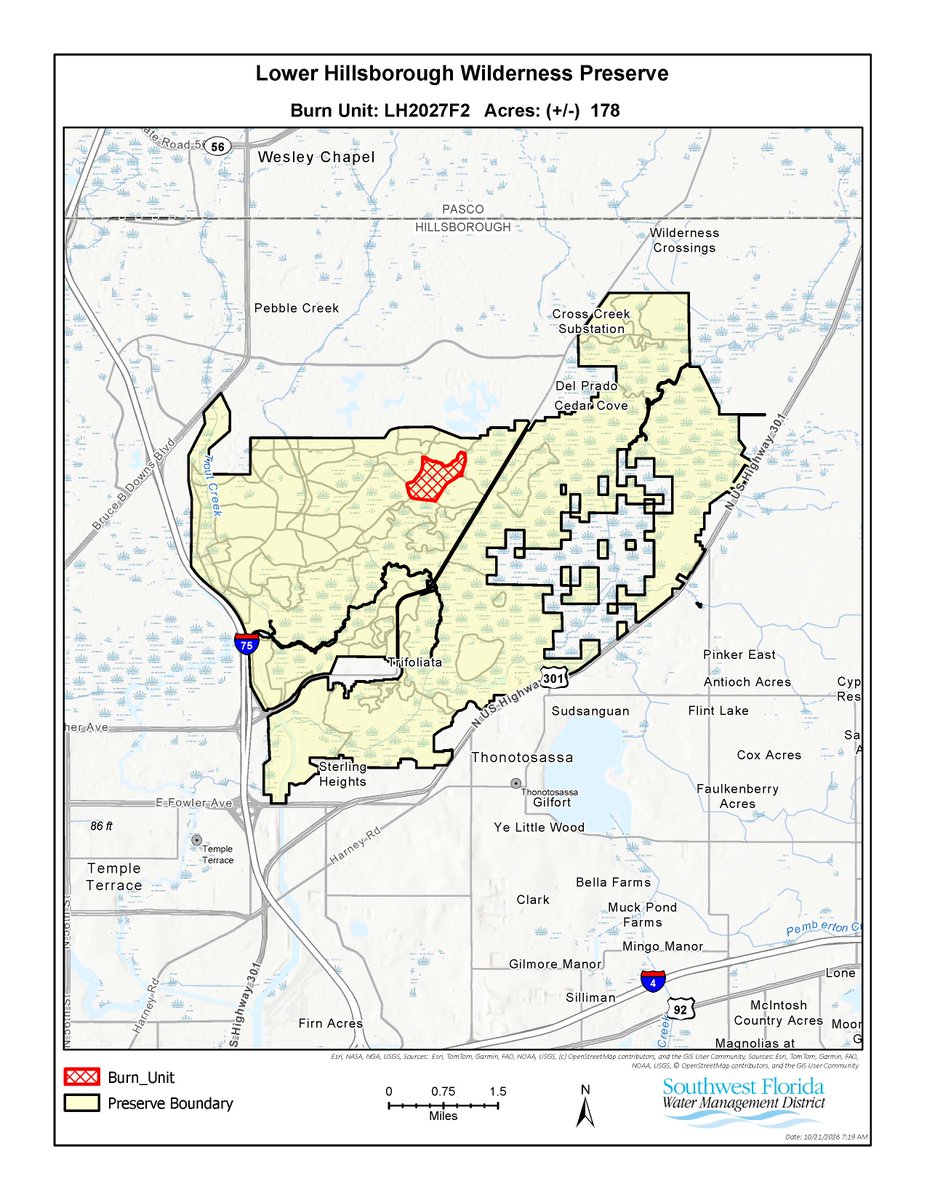 SWFWMD's tweet photo. Conditions permitting, District staff will conduct a 178-acre prescribed fire at Lower Hillsborough- Flatwoods Park in Hillsborough County at 10 a.m. tomorrow, Oct. 22. The burn unit is located 0.6 mi west of Morris Bridge Rd, 4 mi east of I-75 and 1.2 mi south of Cross Creek. https://t.co/VAMbhVpThn