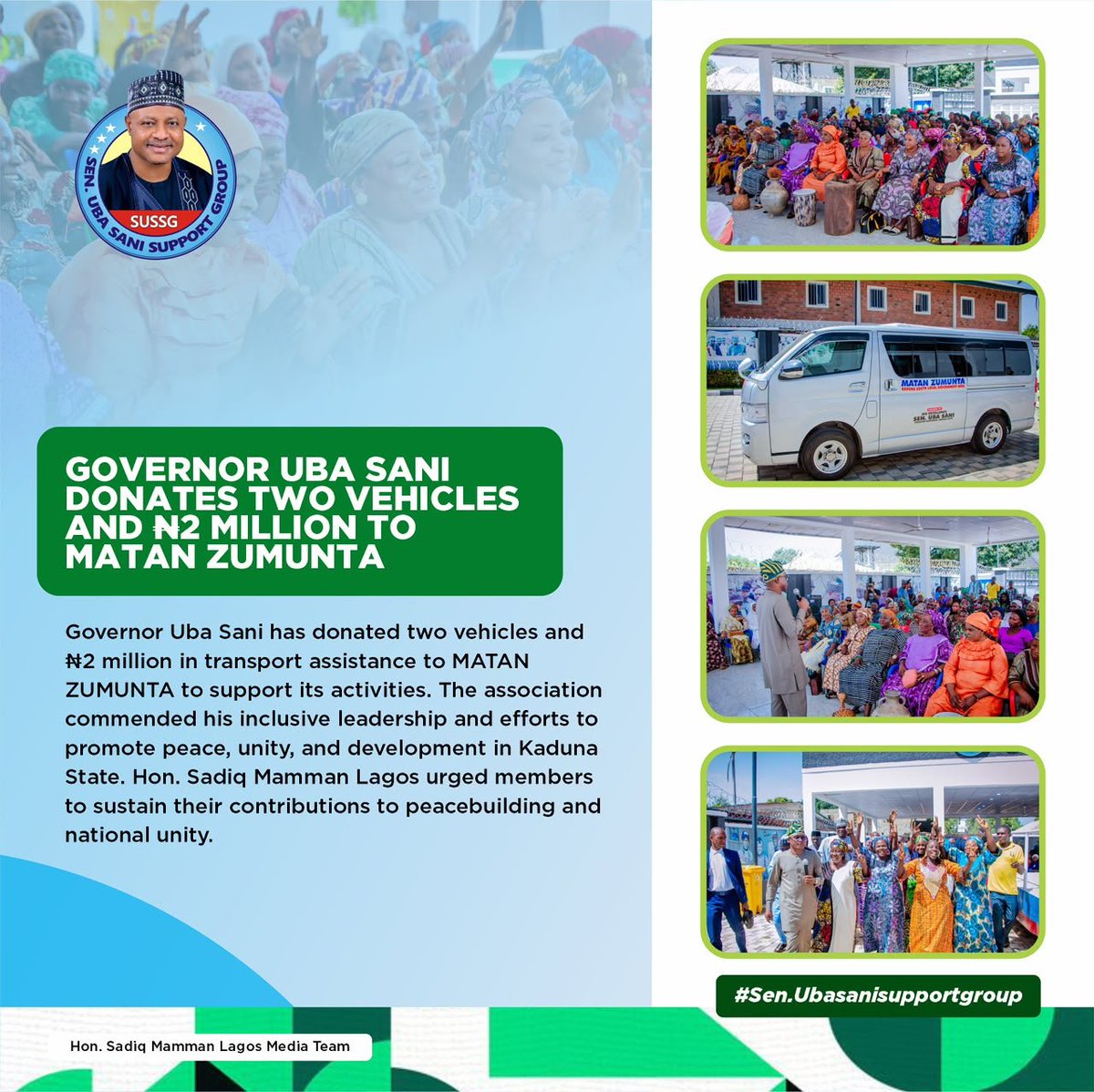 GodFather59880's tweet photo. Governor Uba Sani has donated two vehicles and ₦2 million in transport support to MATAN ZUMUNTA, reaffirming his commitment to peace, unity, and development in Kaduna State. Hon. Sadiq Mamman Lagos urged members to sustain their efforts toward peacebuilding and national unity. https://t.co/kUCJjJUvg7