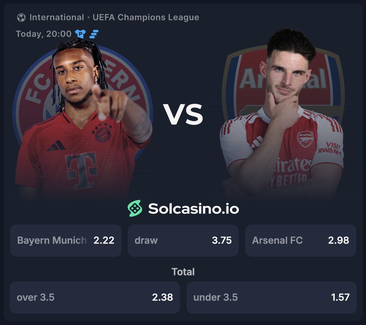solcasino's tweet photo. Bayern Munich 🔴 VS 🔴 Arsenal! ⚽️ #FCBARS 

Predict the Scoreline for a chance to WIN $200!
