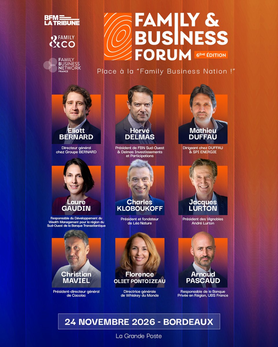 ltevenements's tweet photo. 🏛️ #FamilyandBusinessForum | Découvrez les premiers intervenants de Bordeaux !
Le 24 novembre, rendez-vous à La Grande Poste pour la 6ᵉ édition dédiée aux entreprises familiales : transmission, gouvernance et engagement.

👉 https://t.co/U92hj53BDa https://t.co/aKf9DlmPD0