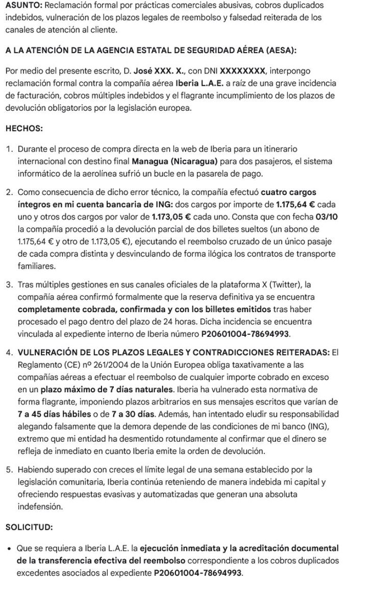 JLLL61's tweet photo. Hola @Iberia, aquí tienen el texto de la reclamación ante AESA que presentaré de inmediato por el cobro cuádruple de mi viaje (Expediente P20601004-78694993). Dejen de dar plazos falsos de 30 o 45 días culpando a mi banco. Exijo mi dinero ya https://t.co/dXVPfrn125
