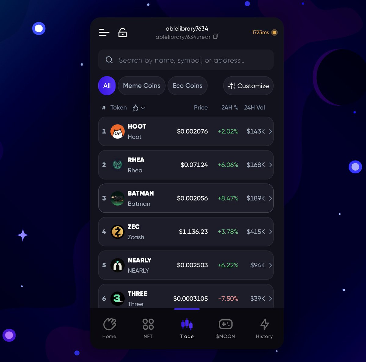 MeteorWallet's tweet photo. GM NEAR 

What are we aping into today? 🦍

The top 100 tokens are right inside your wallet. Scroll, explore, pick your play 🌓 https://t.co/am3IIh1QbB