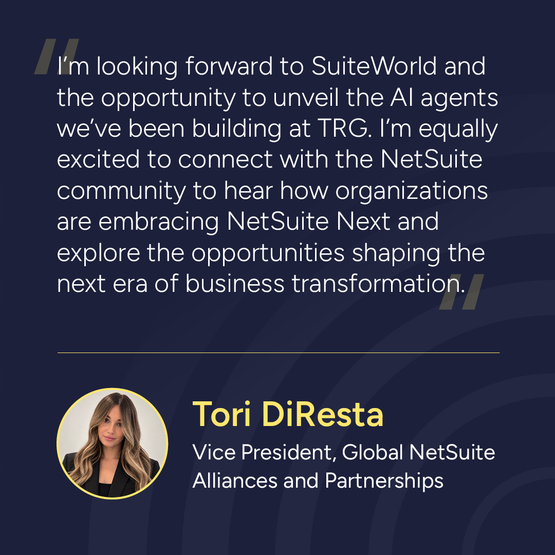 TenthRevGroup's tweet photo. What's on our team's minds ahead of SuiteWorld 2026? 💡 

From what comes after NetSuite Next to the opportunities emerging technologies are creating for businesses, our team has plenty to say about the future of the NetSuite ecosystem. 

🚀 We're ready to unveil the AI agents we've been building, share our expertise and demonstrate how businesses can turn innovation into real operational value. 

🤝 We're also focused on strengthening partnerships, building new relationships and continuing to grow our presence across the NetSuite ecosystem. 
 
Swipe through to hear from Jordan Levine, Maria Mihaylov and Tori DiResta as they share their perspectives on what's ahead at SuiteWorld.

📍 As a Gold Sponsor and an Oracle NetSuite Alliance Partner, Tenth Revolution Group, powered by @AndersonFrank_, will be at Booth 742. 

📅 Want to explore how we can help your business? 

Book a meeting with our team: https://t.co/Q5svqveoR7

#SuiteWorld #SuiteWorld2026 #NetSuite #OracleNetSuite #NetSuiteCommunity #AI #NetSuiteNext #DigitalTransformation #ERP
