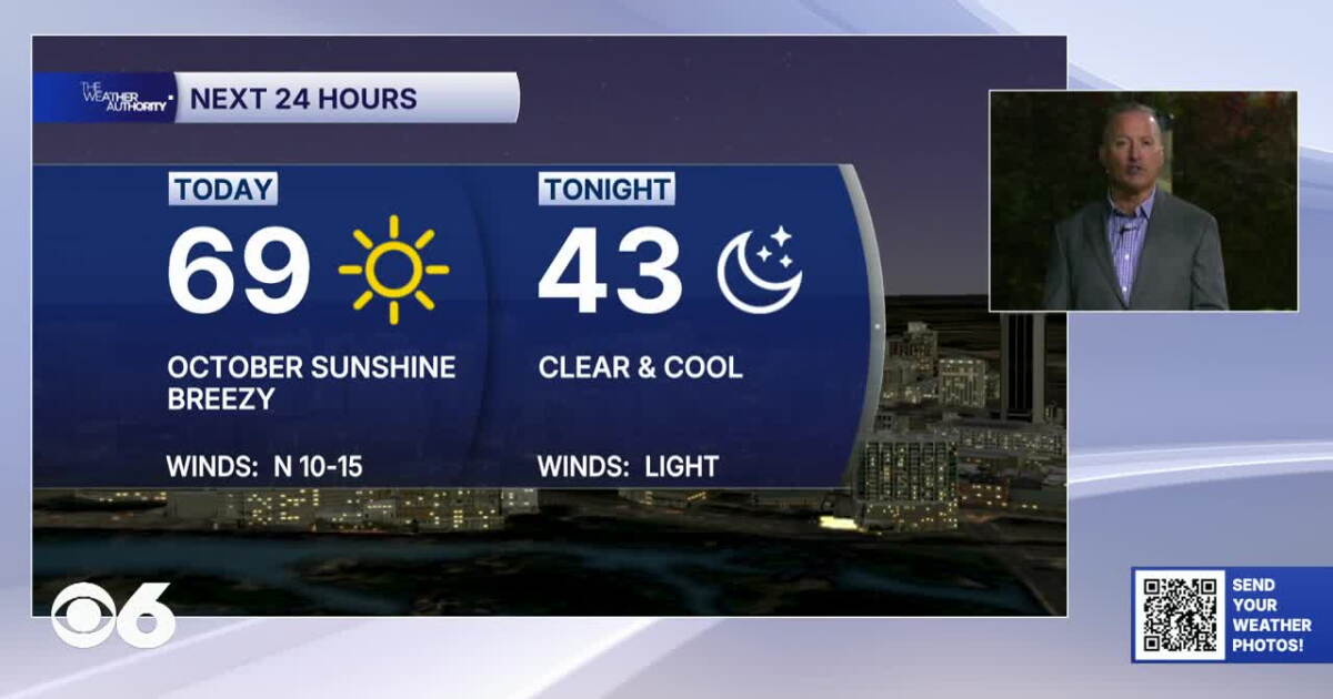 CBS6's tweet photo. Skies will be mostly sunny today with a high in the upper 60s,  Coastal flooding will continue to be a concern through Thursday. 🔗 Find link in our bio. https://t.co/CFRoCKFzqf