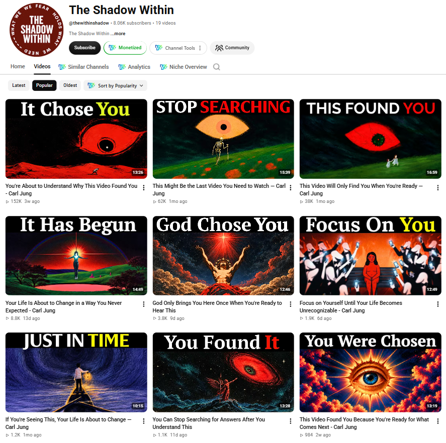 DailyYTNiches's tweet photo. 1 MONTH OLD CHANNEL IN THE PSYCH NICHE

~ 7.67K subscribers 
~ 251,817 total views 
~ Long-form

The clever part?
> The titles make viewers feel like the message is meant specifically for them
> Phrases like “It Chose You” and “This Found You” create a personal connection

That's worth taking note of 

WANT A LIST OF NICHES? Comment "YTA" and I'll DM you!
