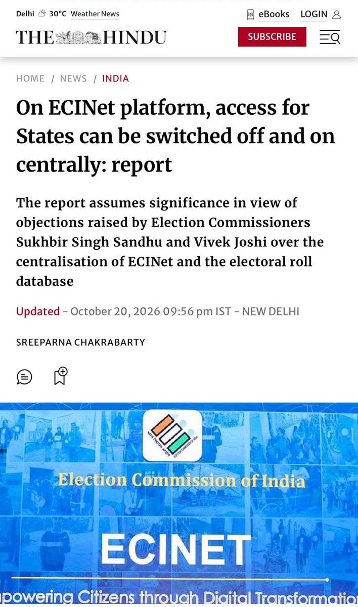 INCIndia's tweet photo. 'वोट चोरी' का पूरा खेल दिल्ली से हो रहा है, एक बार फिर ये बात साबित हुई है। 

The Hindu की रिपोर्ट के मुताबिक, चुनाव आयोग की वेबसाइट ECINet का पूरा कंट्रोल सेंट्रलाइज्ड है। 

इसमें राज्य के अधिकारियों से कंट्रोल छीनने का भी अधिकार दिल्ली में बैठे अधिकारियों के पास है।

आपको याद होगा- दो चुनाव आयुक्त सुखबीर सिंह संधू और विवेक जोशी ने भी ECINet को लेकर आपत्ति जताई थी। अब फिर ये बात सामने आई है।

साफ है... 

मोदी-ज्ञानेश की जोड़ी ने 'वोट चोरी' के लिए अपनी मनमानी चलाई और ऐसा सिस्टम तैयार किया, जिसमें कोई उनके फर्जीवाड़े की जांच ही न कर पाए।

लेकिन अब इनका सारा काला-चिट्ठा बाहर आ चुका है और 'वोट चोरी' पकड़ी गई है। इस देशद्रोह की कोई माफी नहीं है- सजा जरूर मिलेगी।