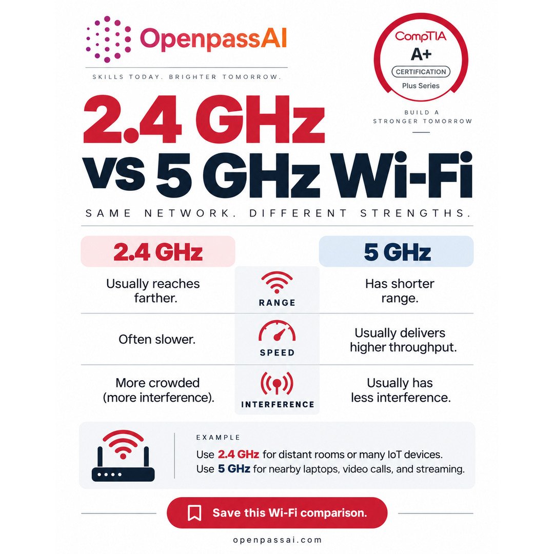 ExamsDigest's tweet photo. Wi-Fi struggling? 📶

2.4 GHz usually reaches farther; 5 GHz is often faster nearby.

📌 Save for your CompTIA A+ studies.

Weak signal or slow speeds—which bugs you more? 👇

#CompTIAAPlus #WiFiTips #OpenpassAI https://t.co/krxvVVfZzh