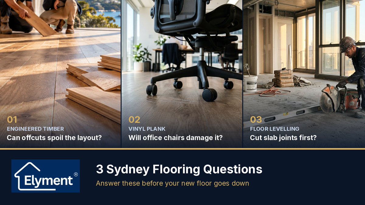 ElymentGroup's tweet photo. New floor going in? 3 checks first:

1. Can offcut savings spoil a timber layout? https://t.co/j61BprCfUz

2. Can office chairs damage vinyl planks? https://t.co/JsPkujiXeI

3. Cut slab joints before levelling? https://t.co/4chsjjL0yU

#Flooring #Sydney https://t.co/sQ4pflYb2M
