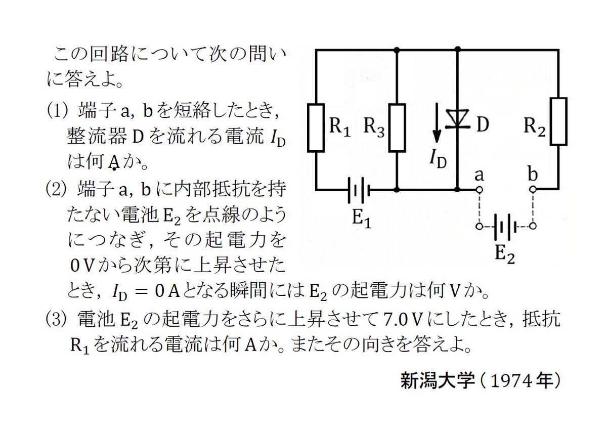 manabu_physics's tweet photo. 【半世紀前��入試問題で総復習】
 電磁気９(実戦問題⑱⑲)

添付ファイルは，立教大学(1973)，新潟大学(1974)の過��問。ダイオード・整流器の問題。聖文社ではどちらも《やや難》との評価ですが，今なら⑱は標準問題だと思います。オームの法則にしたがわない素子では，特性曲線や特性式を利用します。 https://t.co/Lk0848mIQz