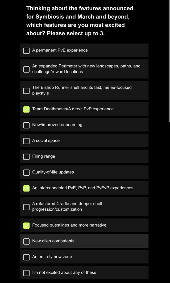 Mapocolops's tweet photo. New Marathon survey was a big boy, longest one yet lmao

Glad I could at least rank the options here by importance because only being able to choose up to 3 the first time was tough as hell
Legit the only game I’ve ever filled out a survey for and any time it pops up too 😭

@sonicbarber FYI there was no survey option for “how excited are you for the Marathon Vinyl Soundtrack release?” So just wanted to say still very excited please let us get it