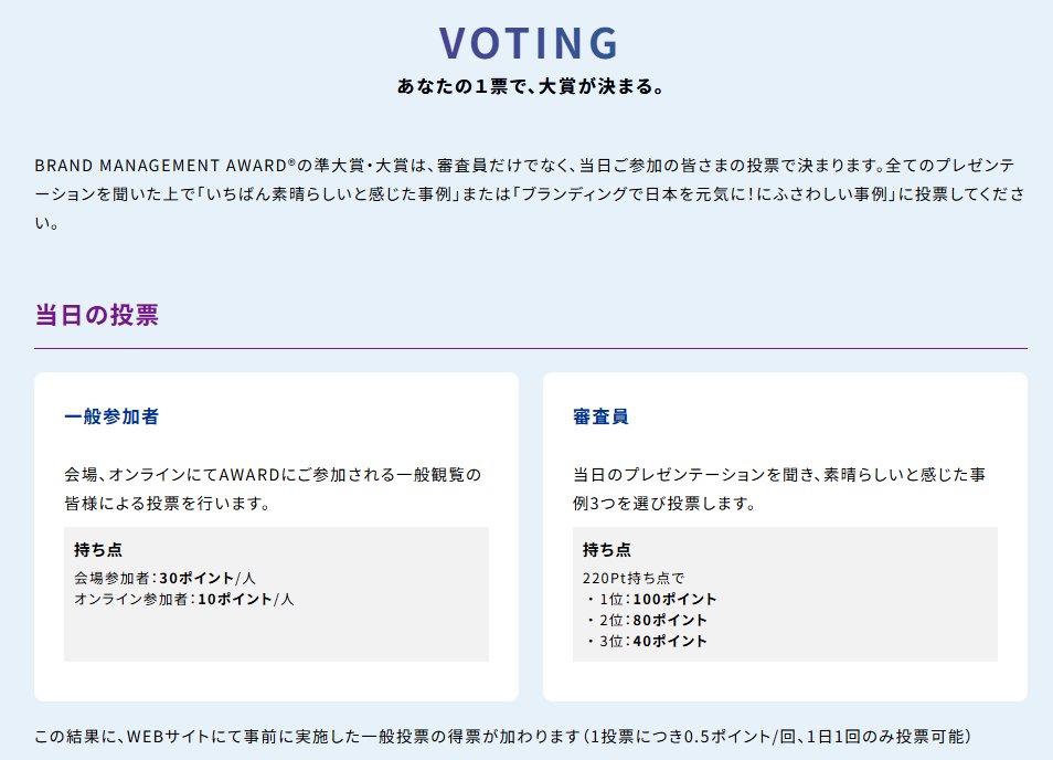 brand_mca's tweet photo. BRAND MANAGEMENT AWARD®の準大賞・大賞は、審査員だけでなく、当日ご参加の皆さまの投票で決まります。
全てのプレゼンテーションを聞いた上で「いちばん素晴らしいと感じた事例」または「ブランディングで日本を元気に！にふさわしい事例」に投票してください。 https://t.co/ZKpM3JtPji