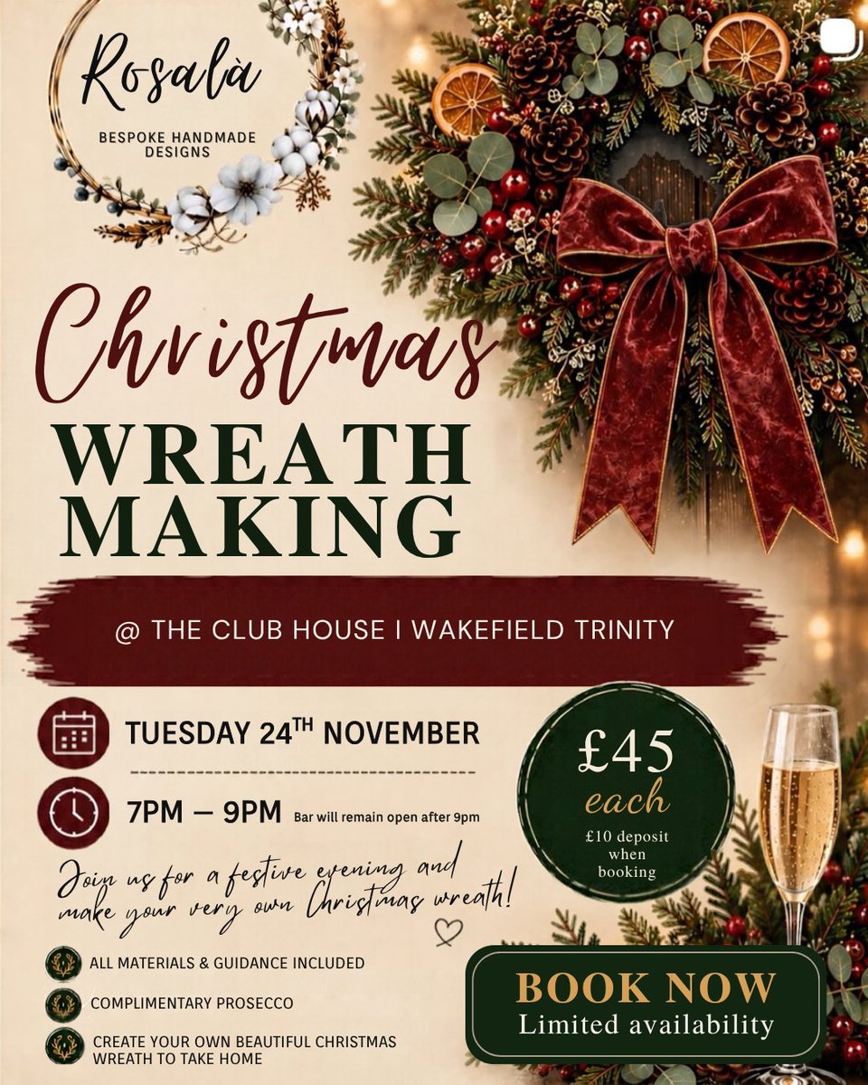 WTrinityRL's tweet photo. 🎄 Get yourself into the Christmas spirit at The Club House!!

Alongside Rosala Flowers, we invite you to join our Christmas Wreath Making!!

Only limited spaces available with all materials included as well as a complimentry glass of prosecco!

Book your spot now 👉🏻 https://t.co/2U4hiw2Iuw