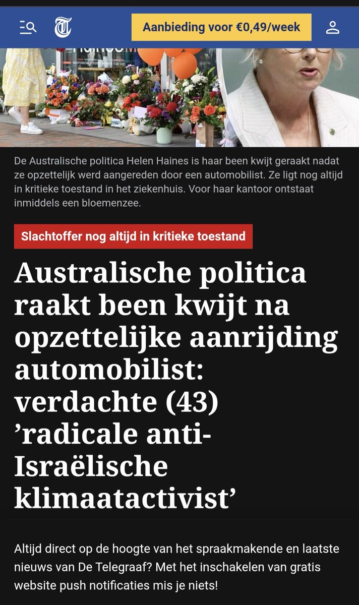 WimVanOsselaer1's tweet photo. Het Australische parlementslid Helen Haines speelde beide benen kwijt bij een opzettelijke aanrijding die bestempeld wordt als een aanslag. Volgens De Telegraaf is de dader een 'radicale anti-Israëlische klimaatactivist'. De Vlaamse pers zwijgt over de dader of zegt (HLN) dat de 'motieven van de dader onbekend zijn'. Wie gelooft u?