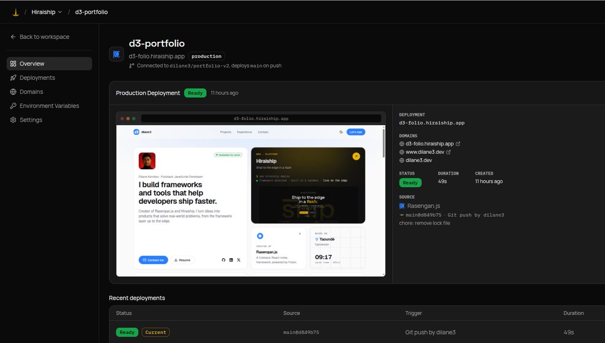 DilaneKombou's tweet photo. I updated my personal website, guess where I host it 👀

After having used many hosting platforms like Vercel, Netlify, Render etc. I decided to build my own.

I liked the Vercel-style, but I wanted something on top of @rasenganjs 

So I built @hiraiship

https://t.co/in8FsBrSpJ https://t.co/uElaliT5ML