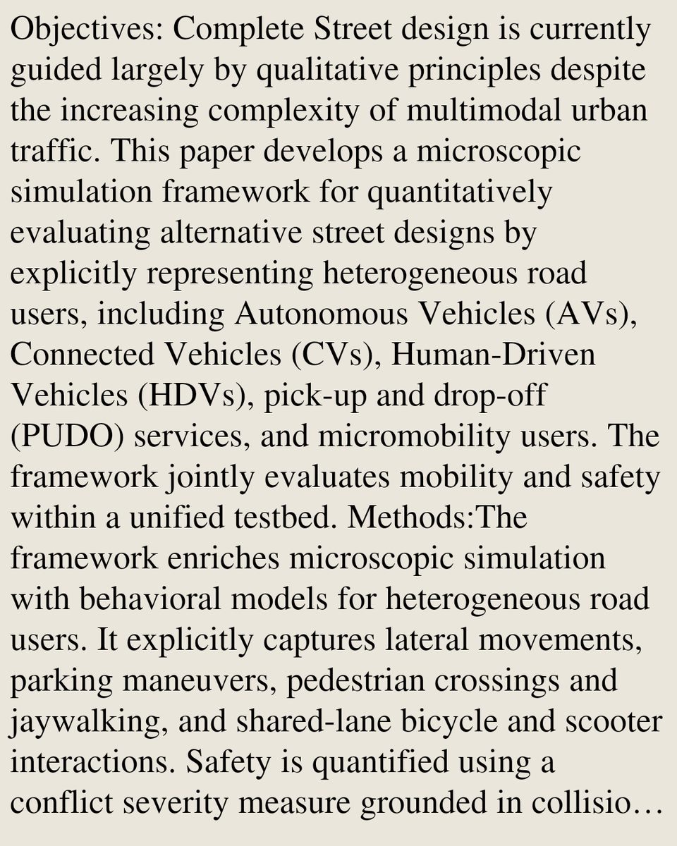 PIN's tweet photo. Complete Street Design informed by Multi-Agent Simulation

Sharika J. Hegde, Amirmohammad Khakpour, Pedram Beigi, Yu, Nie, Hani S. Mahmassani
https://t.co/YZJ7eNQlkA [𝚌𝚜.𝙼𝙰] https://t.co/sdBMB0RS24