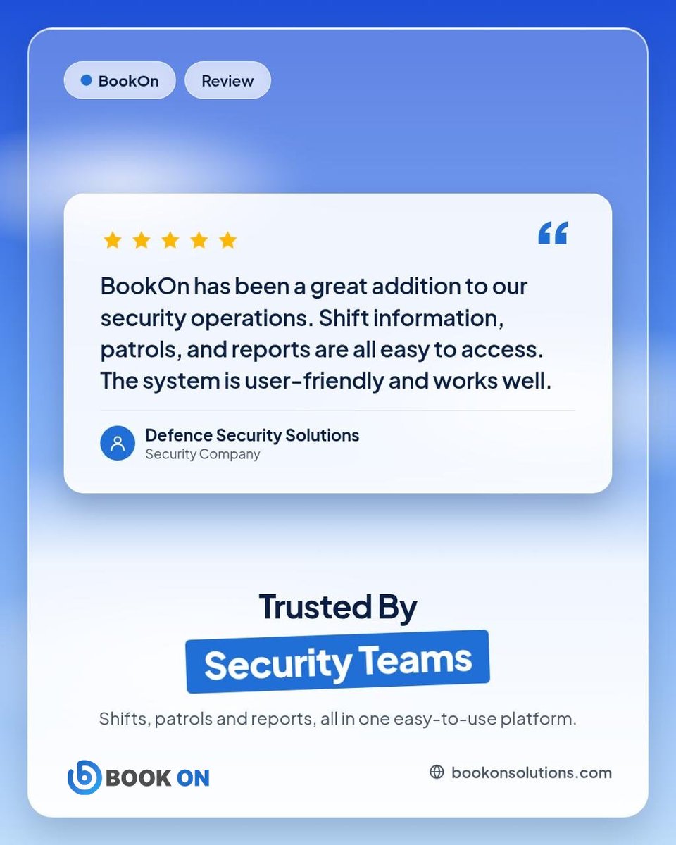 Bookonsolution1's tweet photo. ⭐ Real Feedback. Real Results. Meet BookOn!
Trusted by security teams to make daily operations simpler. 💙
Ready to simplify your security management?
🌐 https://t.co/xLYv61TDYz | 📞 0333 0096277
#BookOn #CustomerReview #SecurityManagement #SecuritySolutions #UKSecurity https://t.co/rPG4j0QX2s
