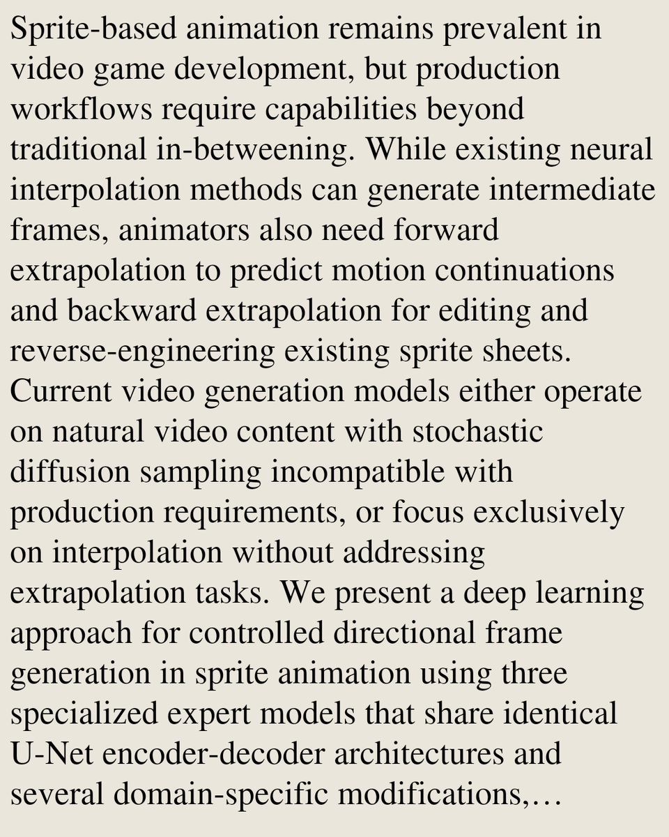 Animation's tweet photo. Neural Controlled Directional Frame Generation for Sprite Animation

Kenneth Alonso, Gustavo Patow
https://t.co/jBAg2BBWRv [𝚌𝚜.𝙶𝚁] https://t.co/M1AEFIbGN7