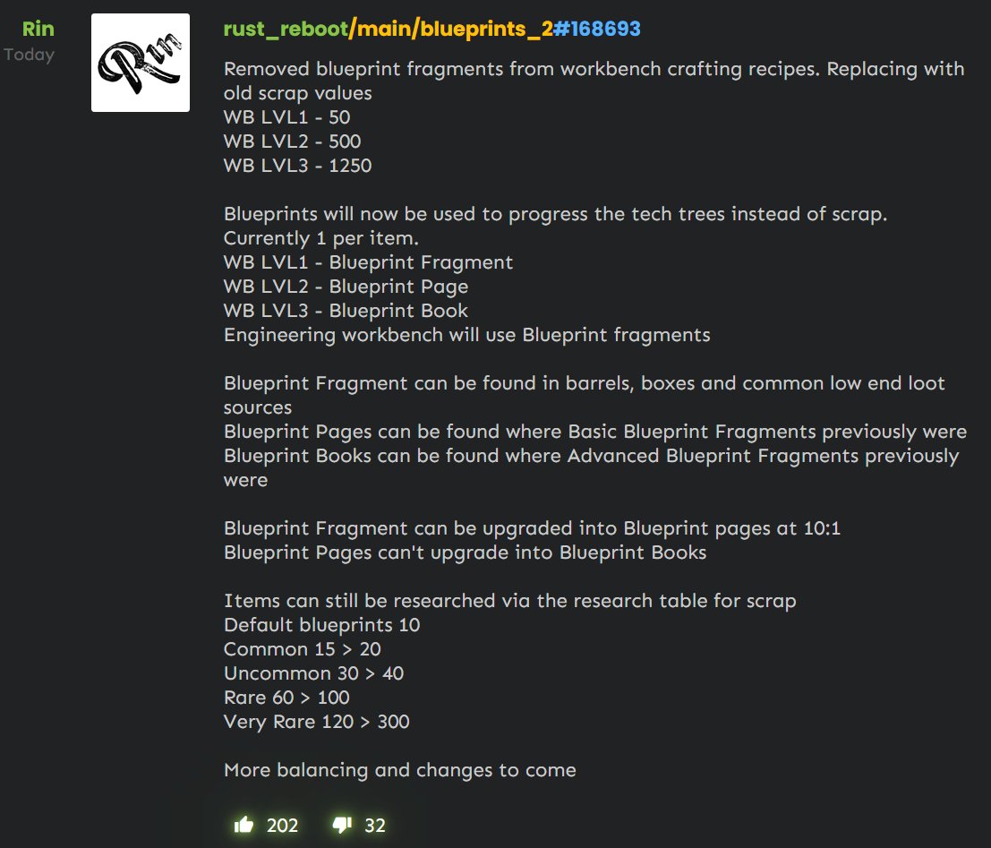 Protox0's tweet photo. Massive changes! Blueprint fragments are no longer used to create workbenches. However blueprints will be needed to progress tech trees instead of scrap! #Rust https://t.co/vAro1591q9