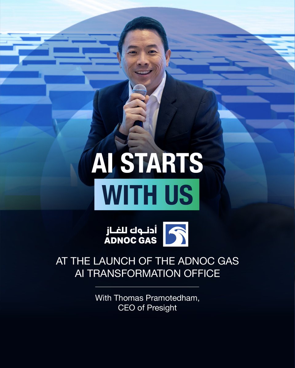 PresightAI's tweet photo. At ADNOC Gas’ “AI Starts With Us” event, our CEO Thomas Pramotedham joined Mouza Almansoori to discuss people-centred AI at the launch of its AI Transformation Office. 

Our thanks to ADNOC Gas and CEO Fatema Mohamed Al Nuaimi for inviting us to join in this milestone. https://t.co/Yu1uiePjIV