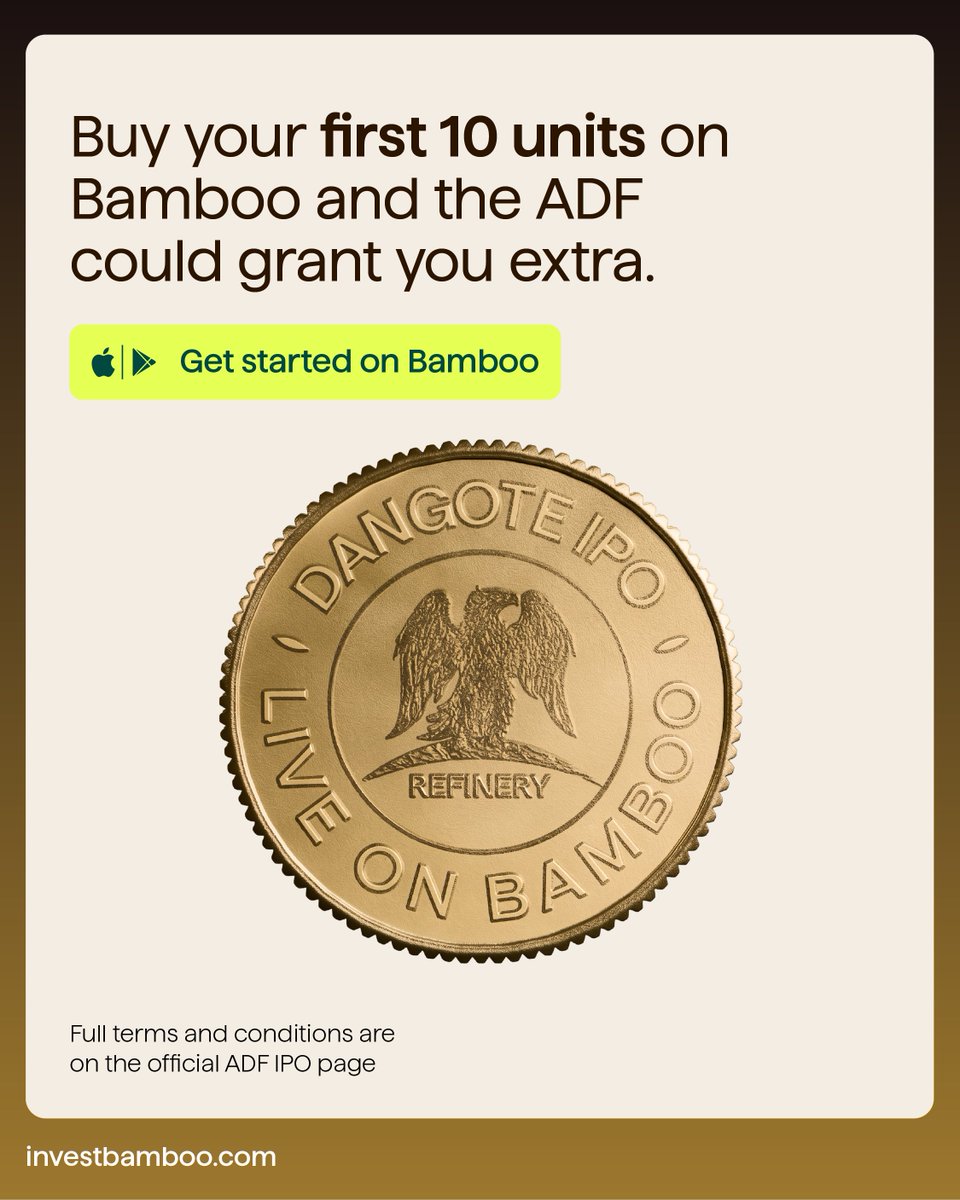 investbamboo's tweet photo. Still in school? You can qualify to win free Dangote Refinery IPO units + 1,000 naira referral bonus🥳

Through its Share Grant Initiative, the Aliko Dangote Foundation is helping students build a savings and investment habit early. Verify your student status and apply for at least 10 shares, then ADF applies for an extra 10 shares in your name at no cost!

Buy the IPO through the ADF on Bamboo to enjoy this offer + 1,000 naira referral bonus when your friends buy at least 10 shares with your Bamboo referral code💚
