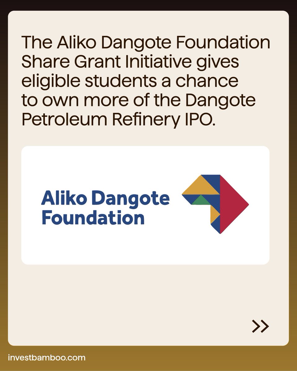 investbamboo's tweet photo. Still in school? You can qualify to win free Dangote Refinery IPO units + 1,000 naira referral bonus🥳

Through its Share Grant Initiative, the Aliko Dangote Foundation is helping students build a savings and investment habit early. Verify your student status and apply for at least 10 shares, then ADF applies for an extra 10 shares in your name at no cost!

Buy the IPO through the ADF on Bamboo to enjoy this offer + 1,000 naira referral bonus when your friends buy at least 10 shares with your Bamboo referral code💚