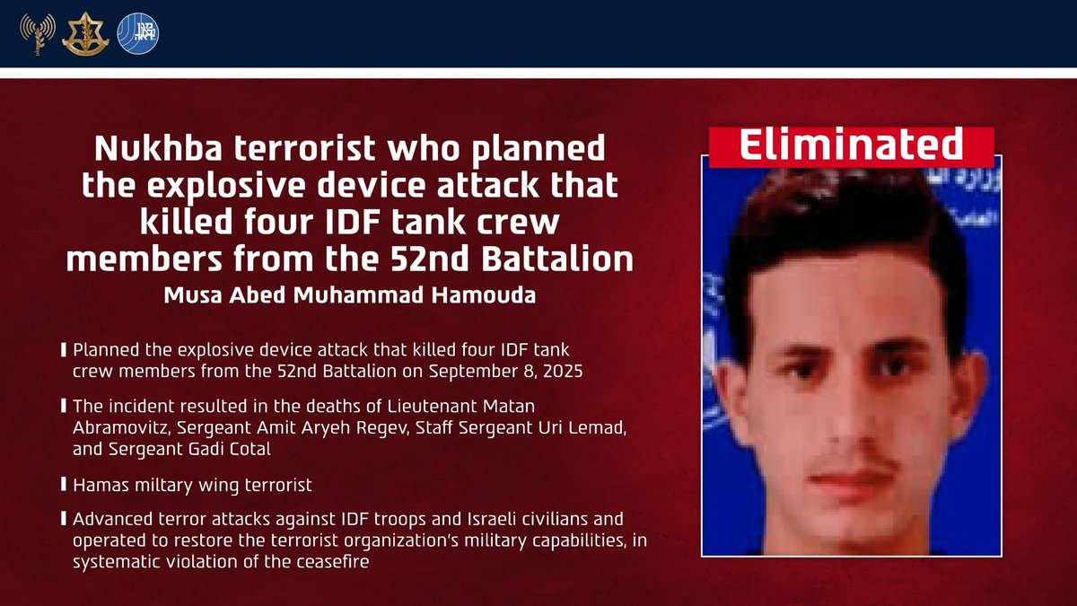 IDF's tweet photo. 🔴 ELIMINATED: Musa Abd Muhammad Hamouda, a Nukhba terrorist in Hamas' military wing in Gaza City.

Hamouda took part in the explosive device attack that killed 4 tank crew soldiers, Lieutenant Matan Abramovitz, Sergeant Amit Aryeh Regev, Staff Sergeant Uri Lemad & Sergeant Gadi Cotal in 2025.

Hamouda advanced terror attacks against Israeli civilians & IDF troops and operated to restore Hamas’ military capabilities, in systematic violation of the ceasefire. 

The terrorist was eliminated in an order to remove the threat that he posed.
