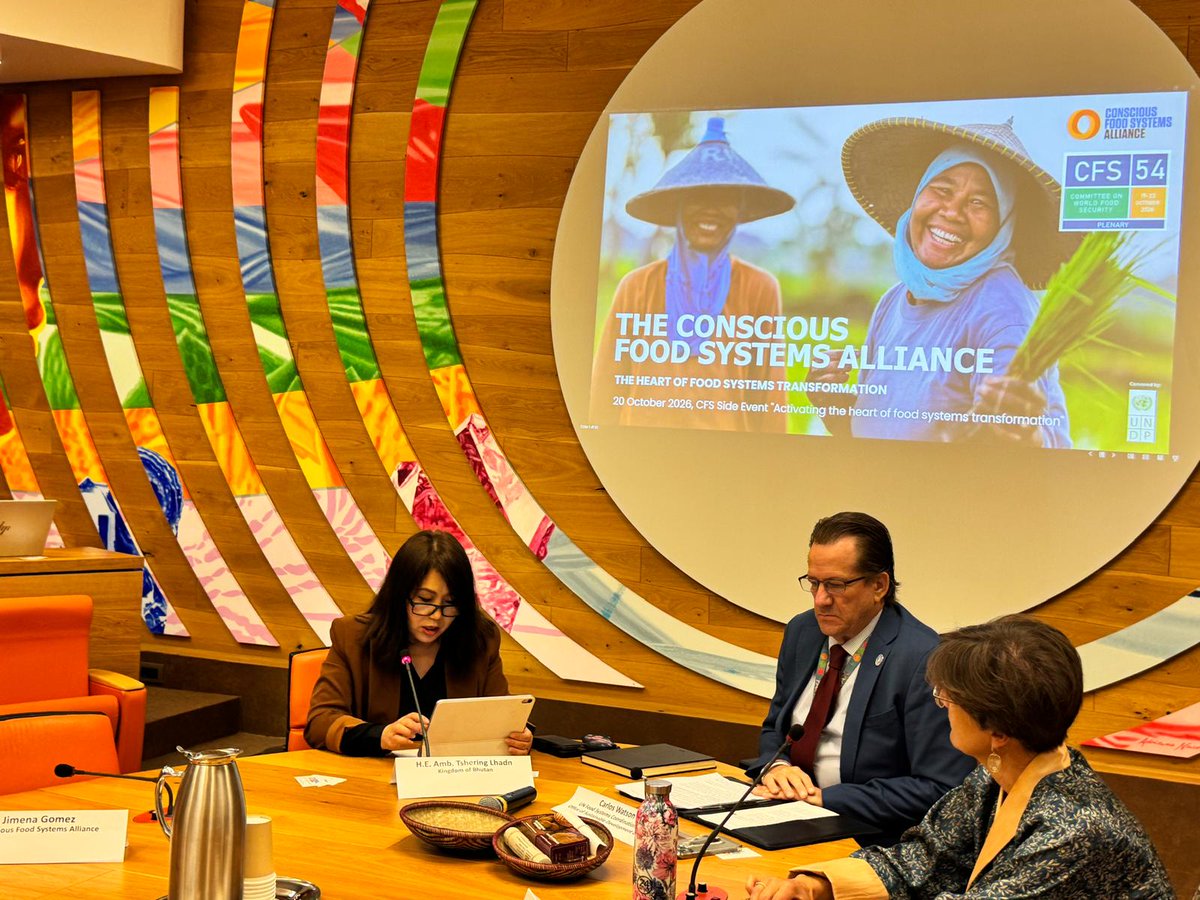 FoodSystems's tweet photo. 🌱 “We cannot transform food systems without transforming the way we think, the way we relate to nature and each other.”
At #CFS54, Bhutan’s Ambassador H.E. Tshering Lhadn highlighted how compassion can shape policy priorities and whose voices are heard. https://t.co/TCIqX7Po4S