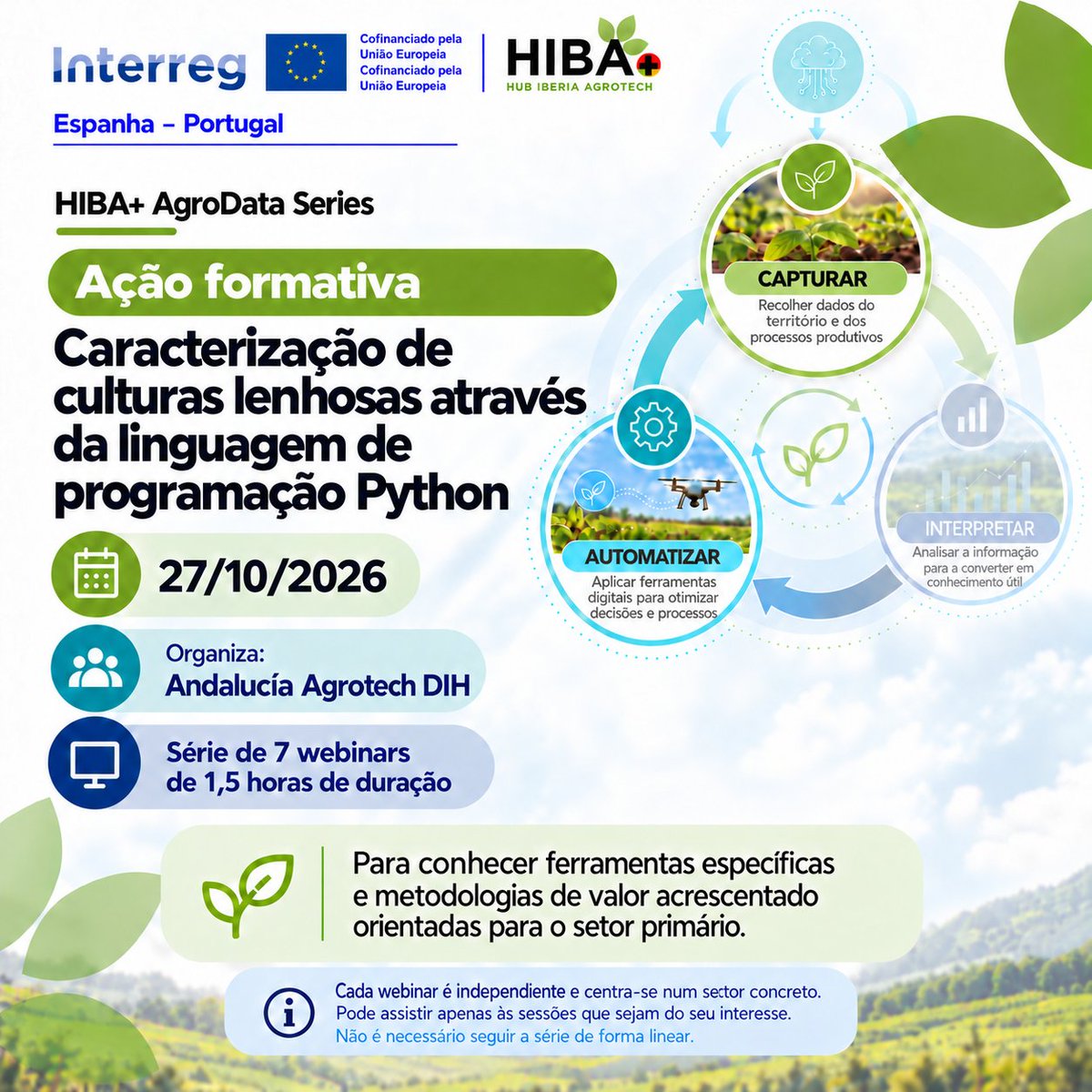 HIBA_UE's tweet photo. 💻 A programação em Python chega às culturas lenhosas!
O projeto europeu #HIBAPlus organiza uma formação online para dar a conhecer ferramentas digitais aplicadas à caracterização de culturas.
📅 27 de outubro
🕟 15h30 (hora de Portugal)
✍️ Inscrições: https://t.co/QpxIJRszBi https://t.co/CJ1rr2EvQG