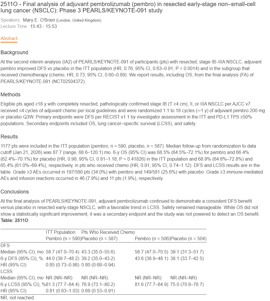 Hidehito HORINOUCHI ESMO 2026 slide: 2511O - Final analysis of adjuvant pembrolizumab (pembro)