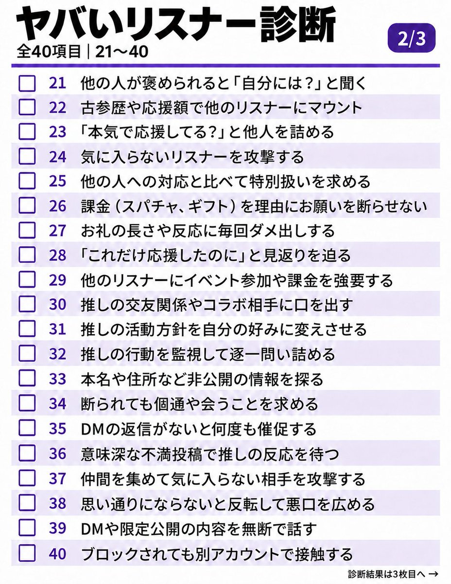 nahari1227's tweet photo. 【ヤバいリスナー診断｜全40項目】

当てはまらないのが当たり前

「これくらい」で済ませてるのは自分だけかも

リスナーは自分をチェック
配信者は自枠のリスナーをチェック

リスナーのヤバい度と
配信者の調教師レベルが分かります
制御できていない枠にも判定をご用意しました
⬇ https://t.co/jDR0h3BCEw