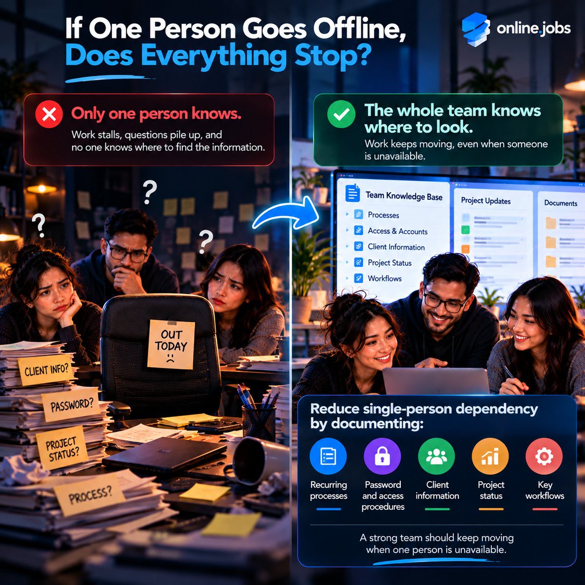 OnlineJobsGuide's tweet photo. Build systems, not bottlenecks.
Document what matters, so your team keeps moving—even when one person is offline.
#RemoteWork #TeamProductivity #OnlineJobs https://t.co/SRQG5sZn3P