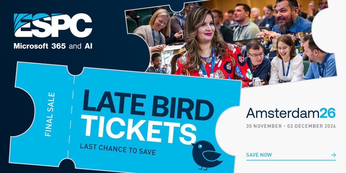 ESPC_Community's tweet photo. The best investment you can make in 2026? Your skills. 

Whether you're working with Microsoft 365, AI, Copilot, Power Platform, Azure, Security or Modern Work, ESPC delivers practical learning you can bring back to your organisation immediately.

And right now, you can save with our Late Bird rates, available until 30 October.
✔️ Expert-led sessions
 ✔️ Industry-leading speakers
 ✔️ Community networking
 ✔️ Hands-on workshops
 ✔️ The latest Microsoft technologies

View all ticket options and save before prices increase: https://t.co/bqVJjiq9aI