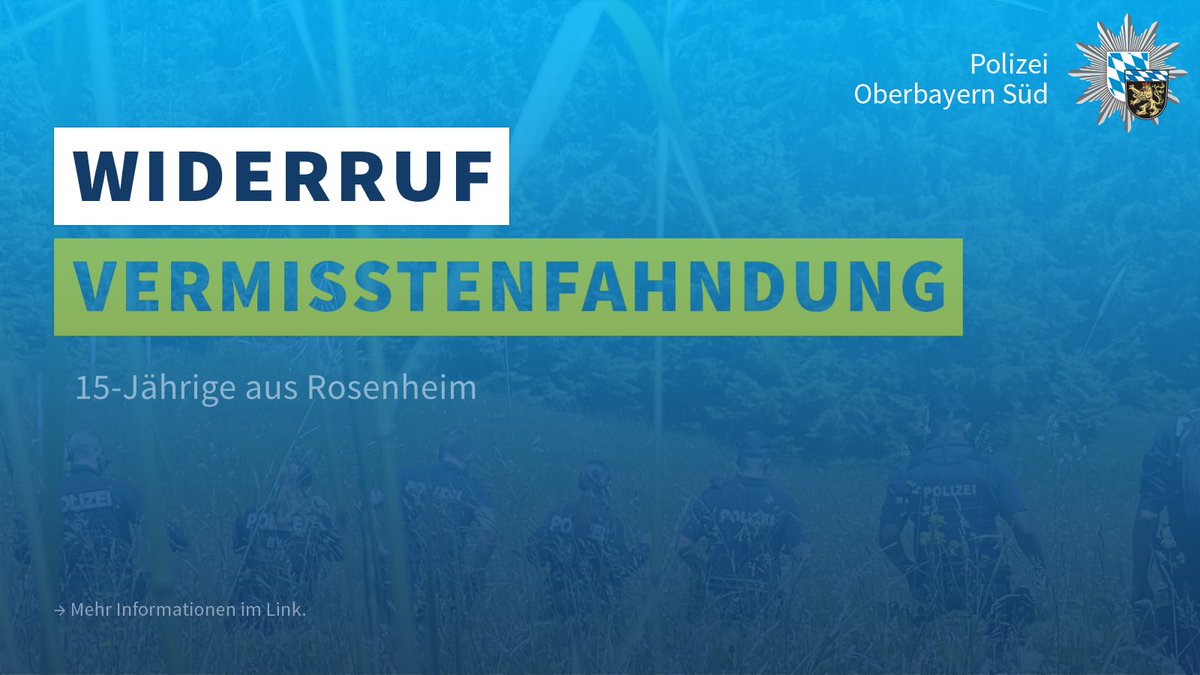 polizeiOBS's tweet photo. #Rosenheim #Würzburg
Seit 16. Oktober wurde eine 15-Jährige vermisst. Sie konnte gestern im Rosenheimer Stadtgebiet wohlbehalten angetroffen werden.
Die Fahndung wird hiermit widerrufen. Danke für die Mithilfe.

🔗https://t.co/fOGZPFGhHd https://t.co/KTQA7jjokE