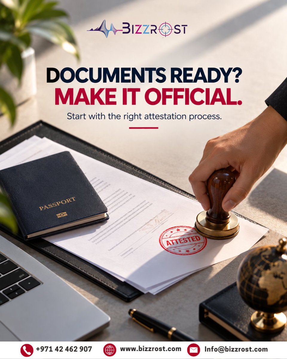 Bizzrost's tweet photo. Need document attestation in the UAE? Get your requirements checked before submission and avoid unnecessary delays. Let Bizzrost guide you through the process.

https://t.co/uVVvL39Ebo | +971 42 462 907

#DocumentAttestation #UAEAttestation #PROServices #DubaiBusiness #Bizzrost https://t.co/p4zAQ3vcOB