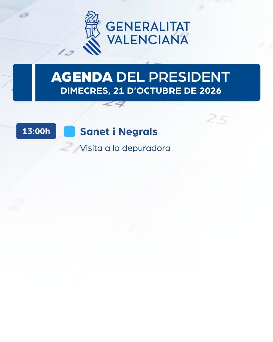 generalitat's tweet photo. 🗓 Agenda del president de la Generalitat, @JFPerezLlorca

📌 Dimecres, 21 d'octubre de 2026

➡ https://t.co/wjczkYa2rA https://t.co/pBygqB4Jua