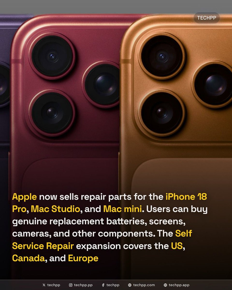 techpp's tweet photo. Apple expands its self-repair program with genuine replacement parts for the latest iPhones and Macs

#Apple #iPhone18Pro #SelfServiceRepair https://t.co/rkNwUtuzTs